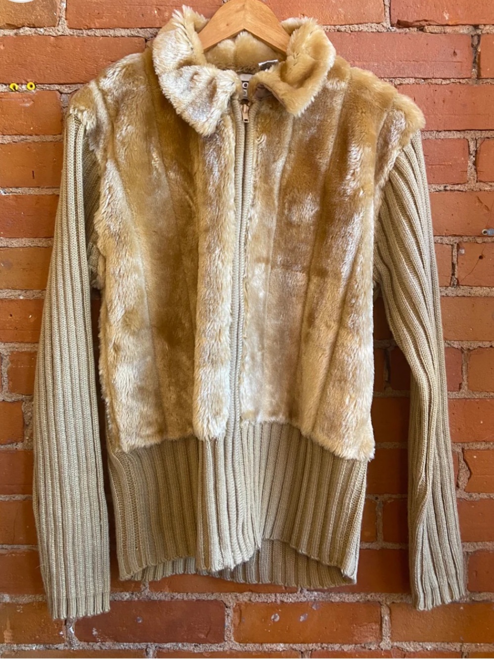 Vintage 90’s Faux Fur Panel Zip-Front Women's Sweater - Beige